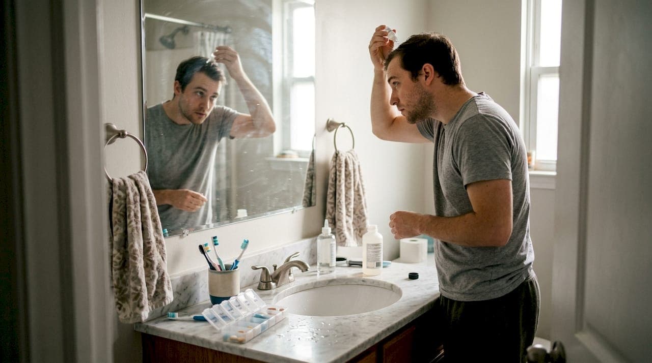 Man applying scalp solution in bathroom routine