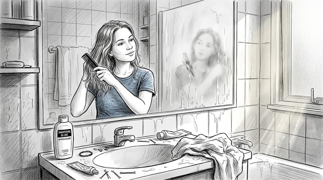 Dans une petite salle de bain, une femme démêle ses cheveux encore mouillés devant le miroir.