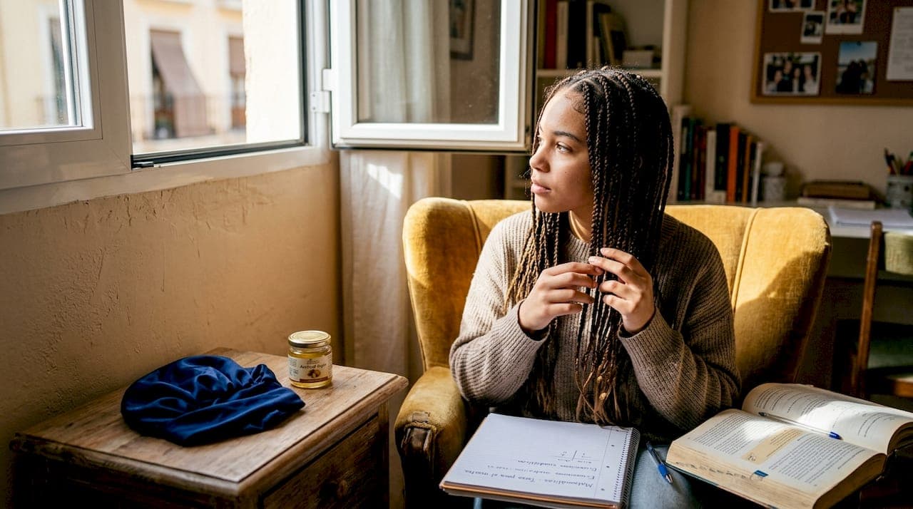 Chica adolescente luce sus nuevas trenzas en su habitación