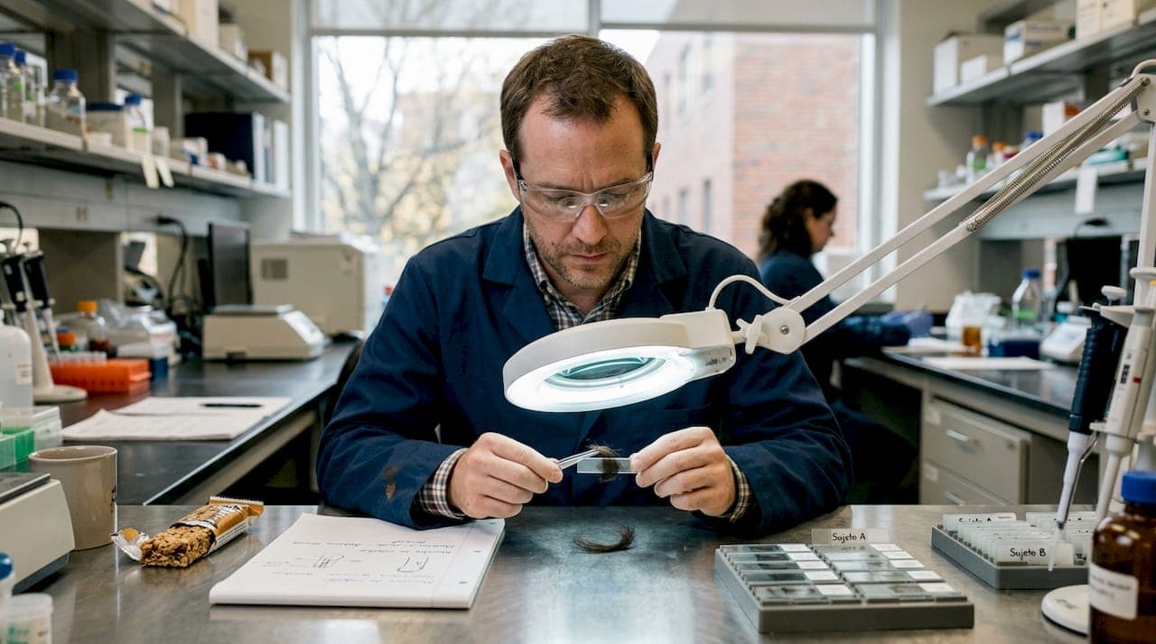 Técnico de laboratorio analiza una muestra de cabello bajo el microscopio.