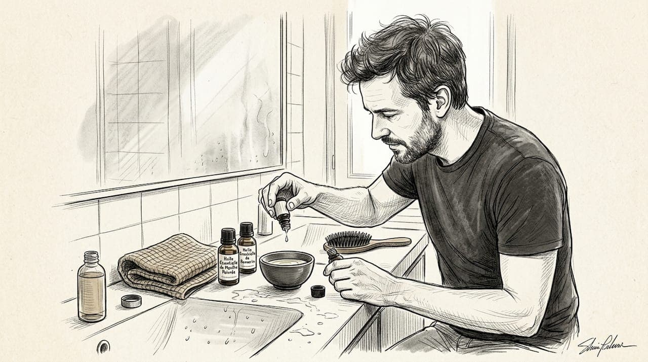 Un homme prépare un mélange d’huiles pour les cheveux à base de romarin et de menthe poivrée.