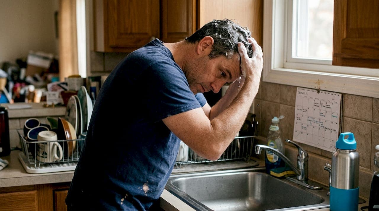 Man massaging shampoo into hair by kitchen sink