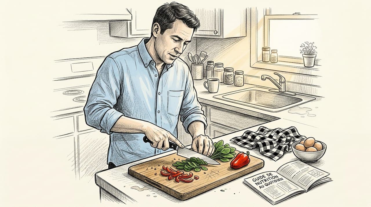 Un homme en train de cuisiner un plat équilibré pour prendre soin de ses cheveux