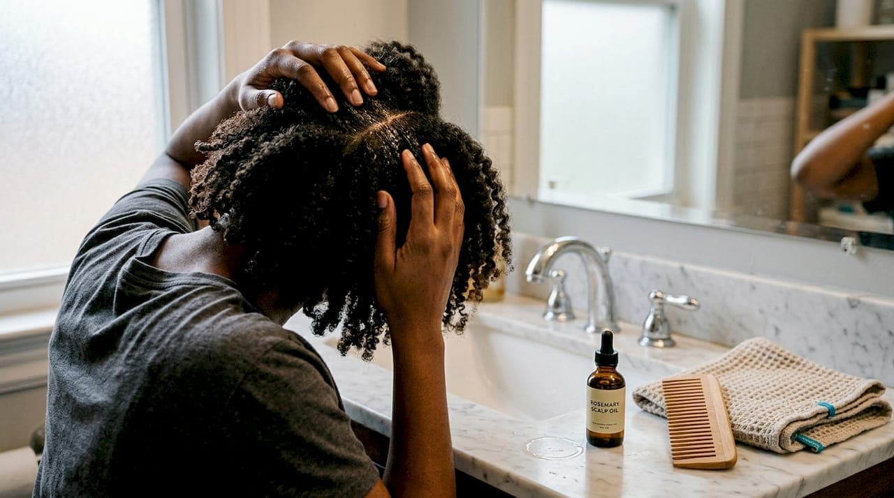 Close-up scalp massage with rosemary oil