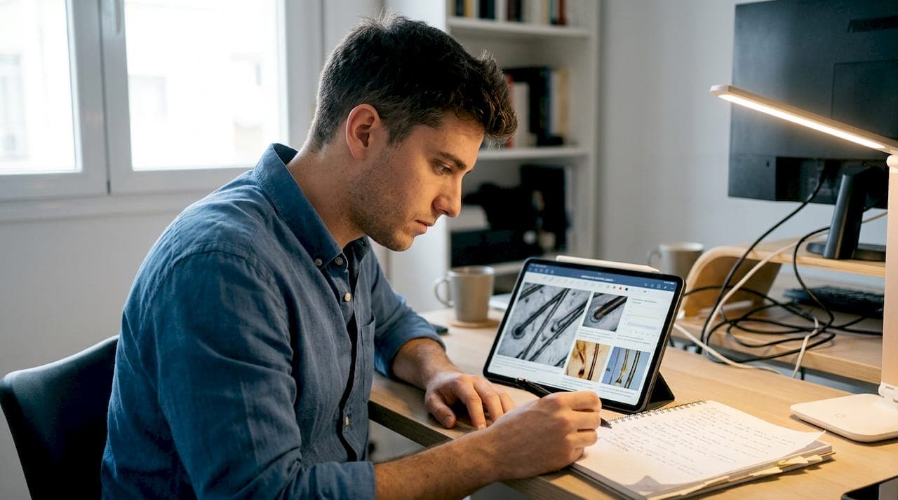 Especialista realizando un diagnóstico capilar mediante una tablet