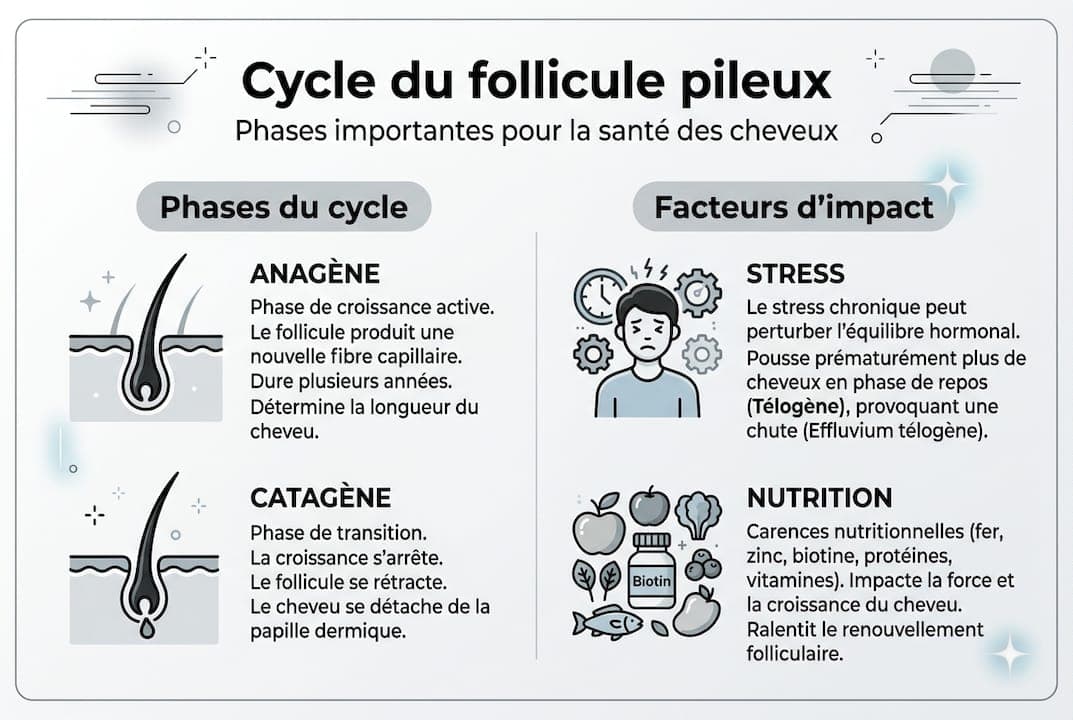 Schéma du cycle de vie du cheveu et des éléments qui l’influencent