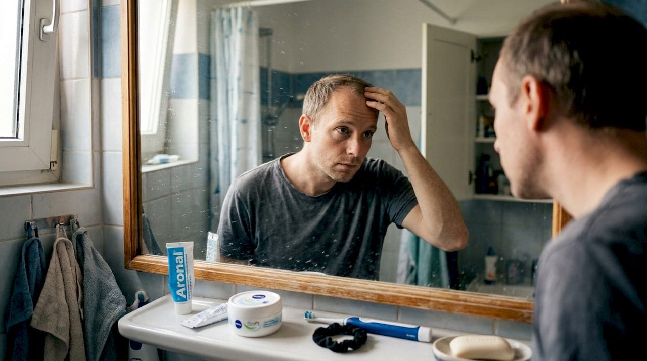 Ein Mann entdeckt Haare im Badezimmer und fragt sich, woher sie stammen.