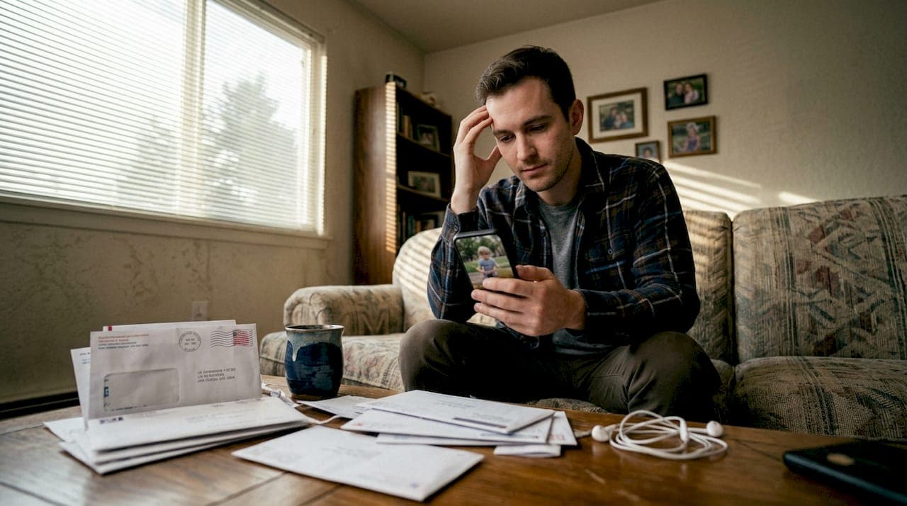 Young man checking hairline with old photos