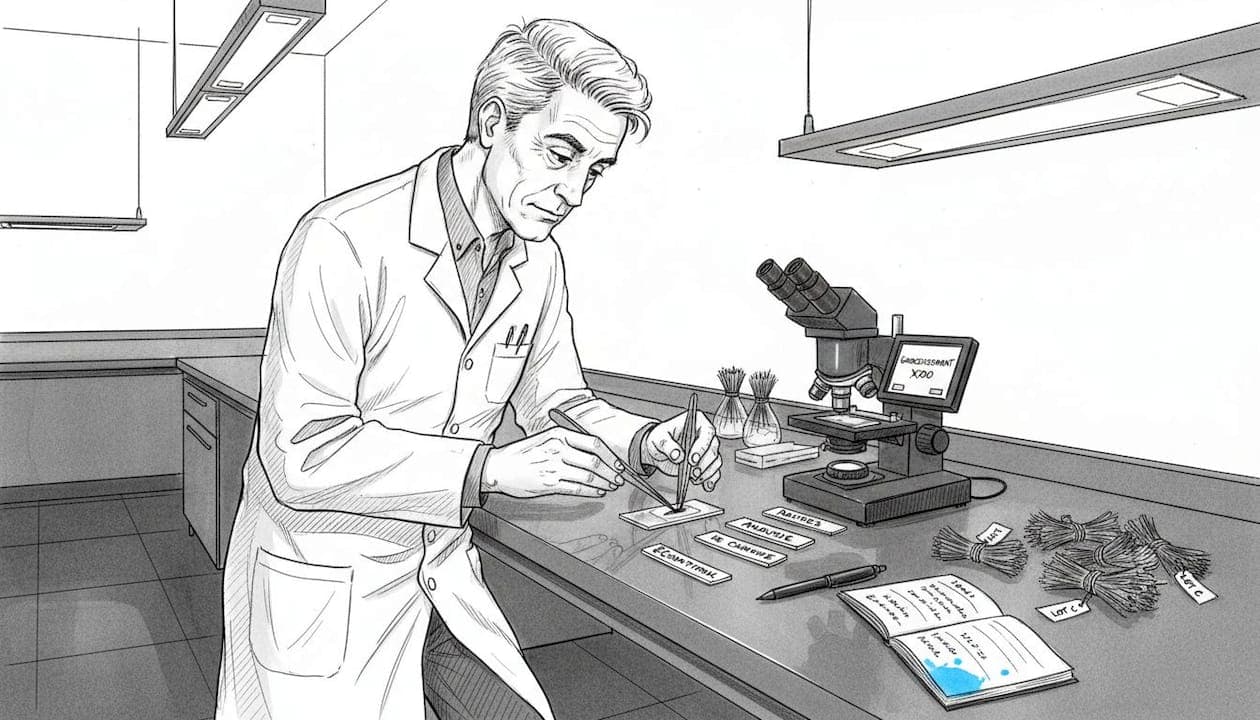 Un technicien s’occupe de préparer les racines capillaires en vue d’une analyse.