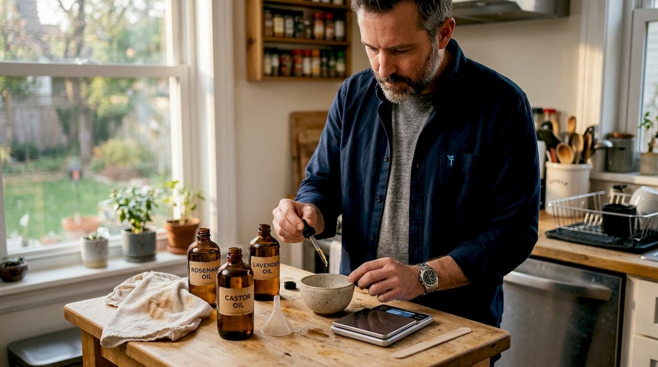 Man blending hair oils on kitchen table