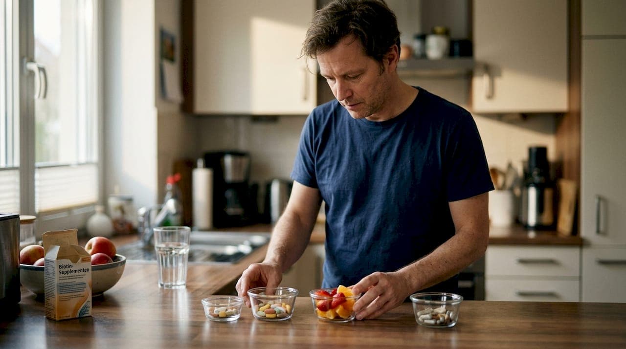 Ein Mann stellt in seiner Küche selbstgemachte Haarvitamine her.