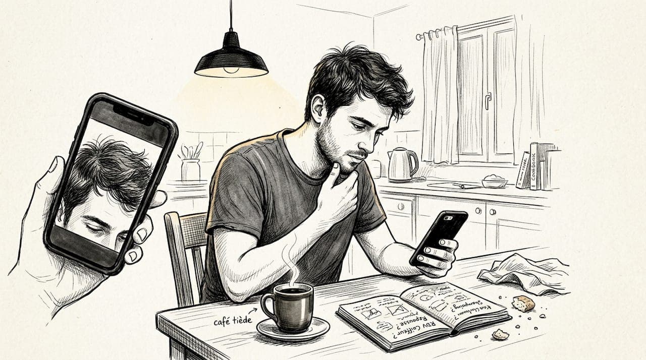 Un homme examine la qualité de ses cheveux à partir d'une photo sur son smartphone.