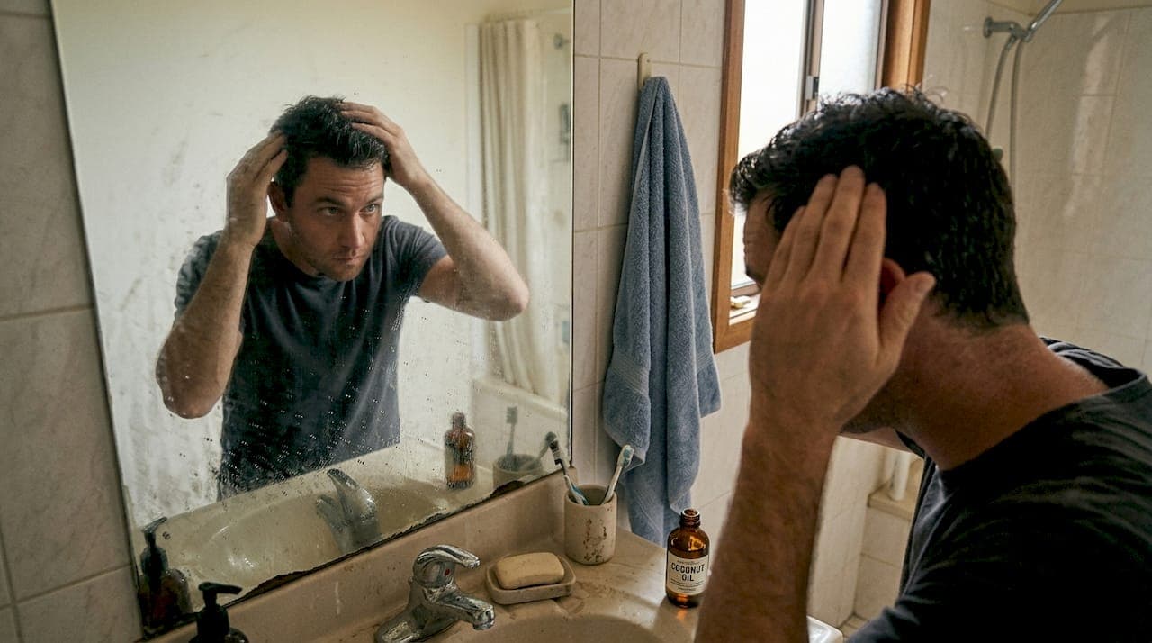 Man massaging coconut oil into hair