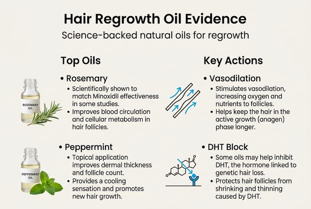 Infographic summarizing top hair oils and actions