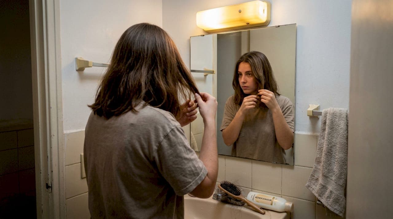 Una mujer se observa detenidamente el cabello mientras se mira en el espejo.