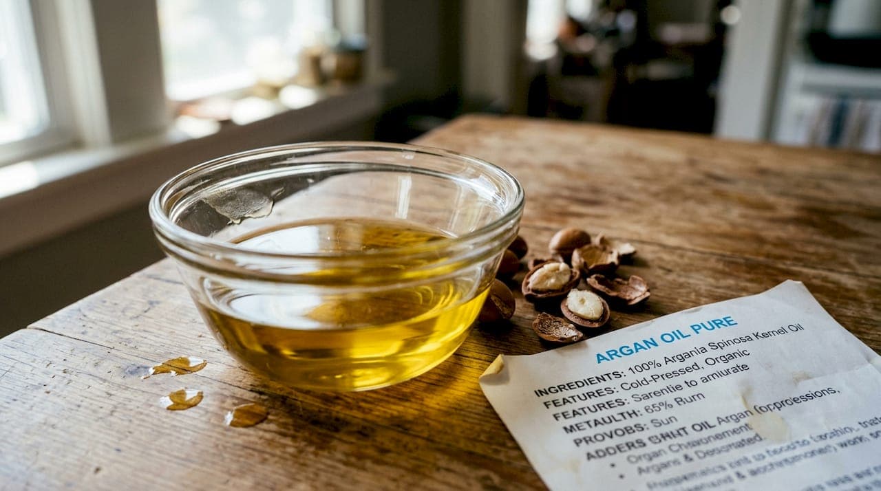 Closeup of argan oil and nut ingredients