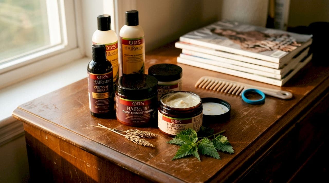 ORS HAIRestore products on bedroom dresser