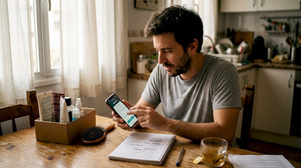 Un hombre se cuida el cabello mientras está en la cocina