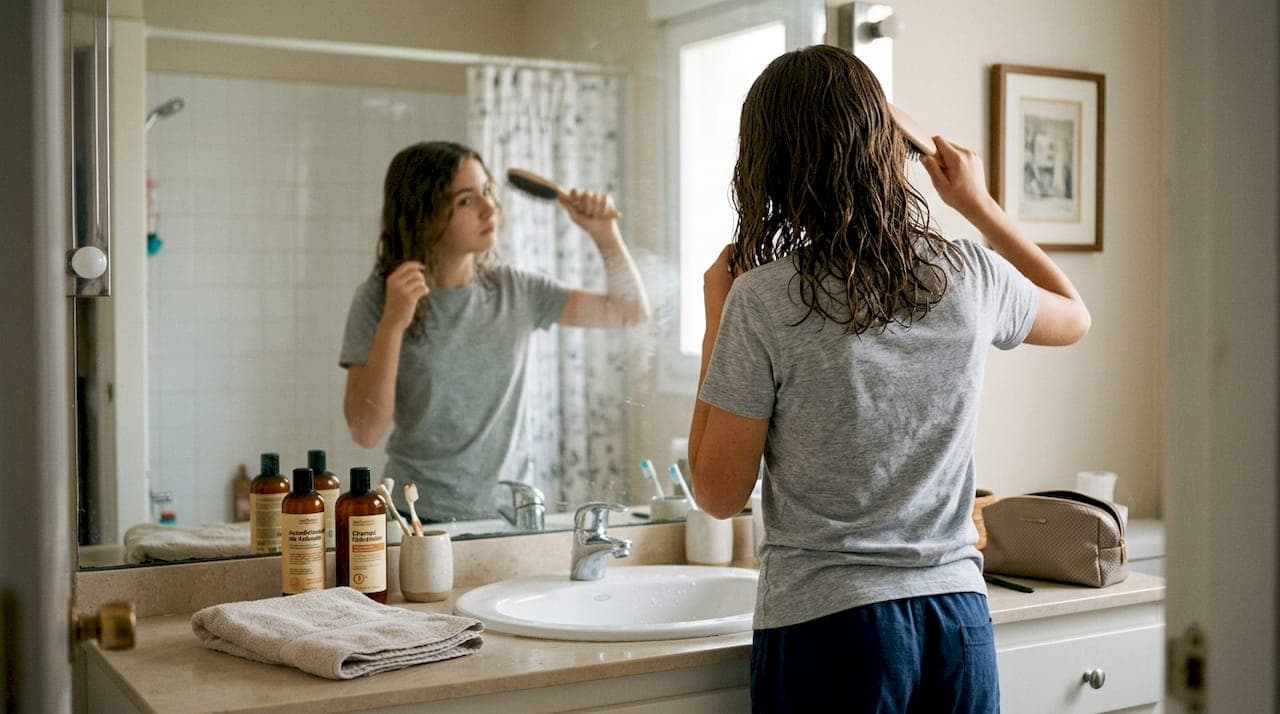 Una adolescente se desenreda el pelo mojado frente al espejo del baño.