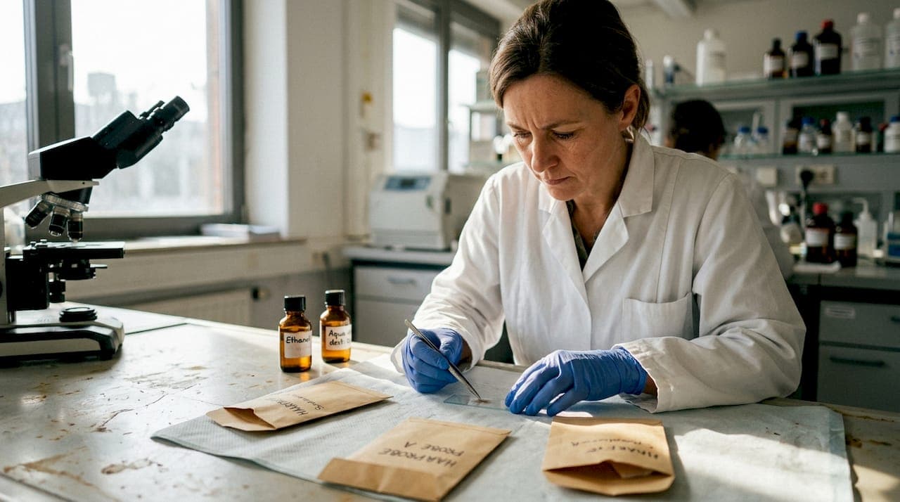 Eine Labormitarbeiterin bereitet eine Haarprobe für die mikroskopische Untersuchung vor.