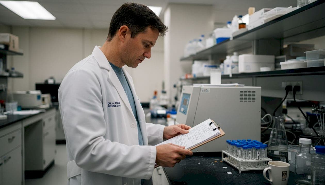 Researcher reviewing hair regrowth trial results