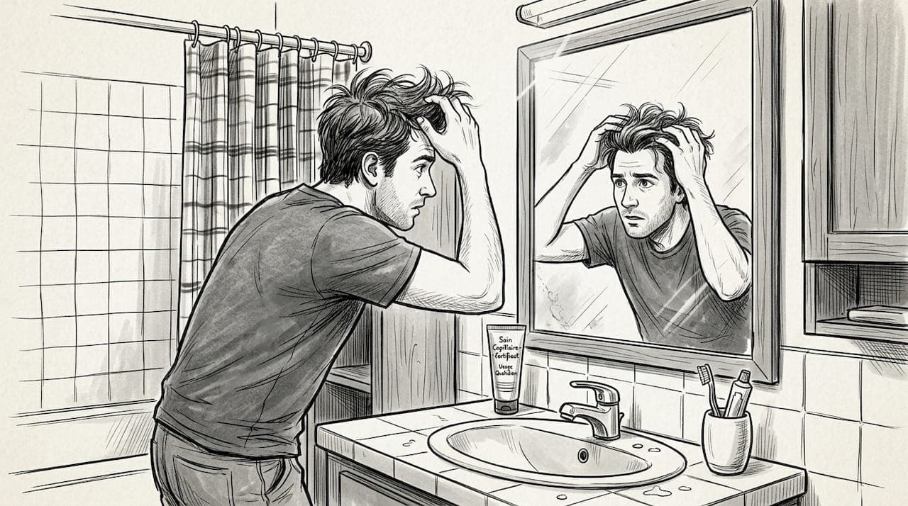 Un homme examine ses cheveux devant le miroir, scrutant leur apparence.