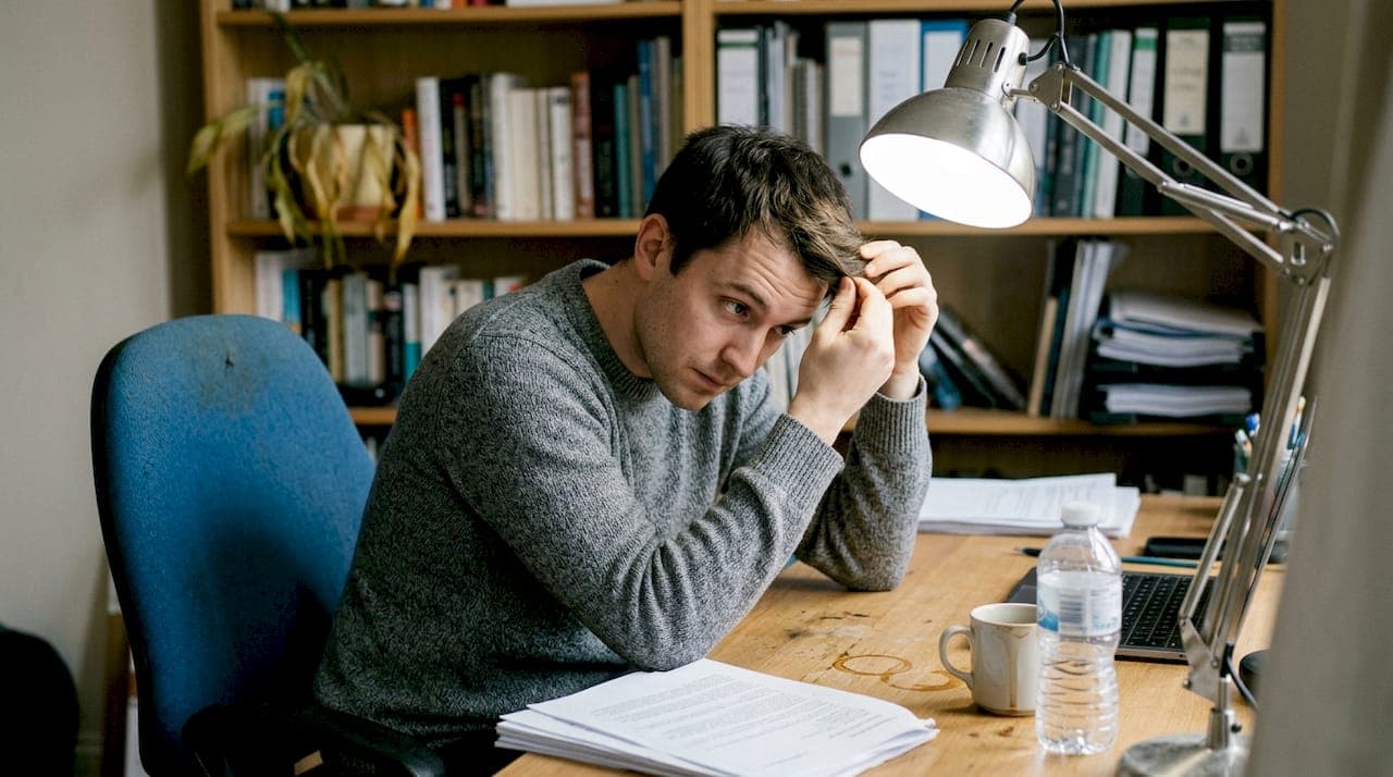Hombre observando sus raíces del cabello bajo la luz