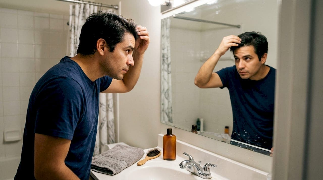 Un hombre se examina el cuero cabelludo frente al espejo del baño.