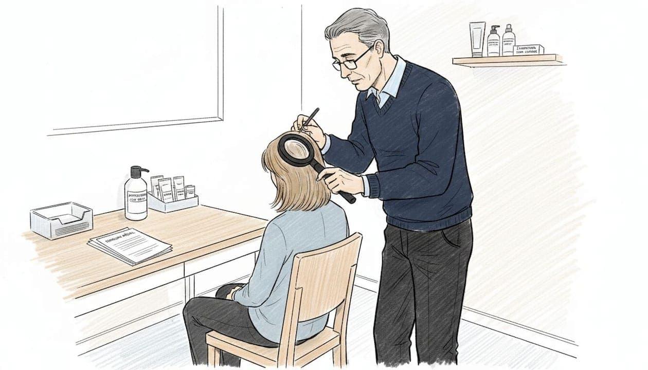 Un dermatologue procède à un examen minutieux du cuir chevelu d’un patient lors d’une consultation en cabinet.