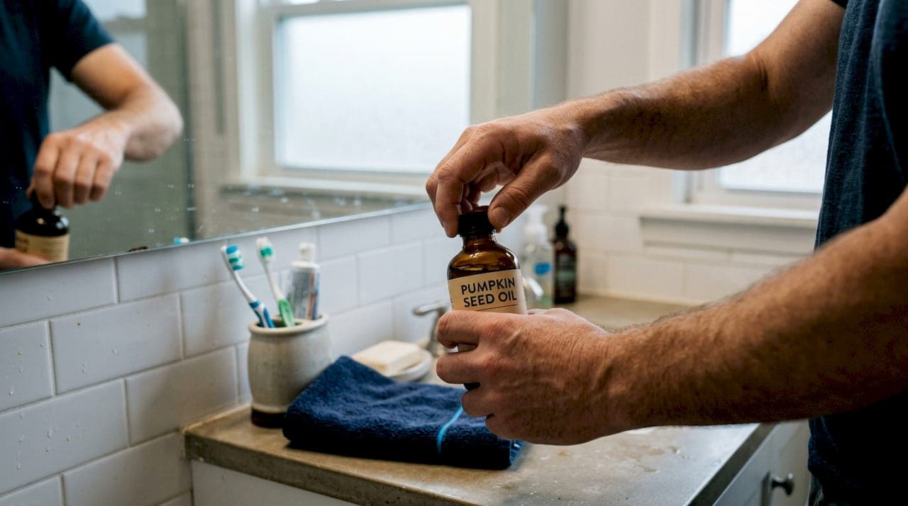 Hands opening pumpkin seed oil for hair
