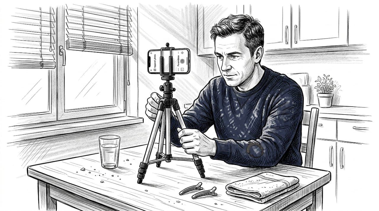 Un homme installe son trépied pour prendre une photo de coiffure.