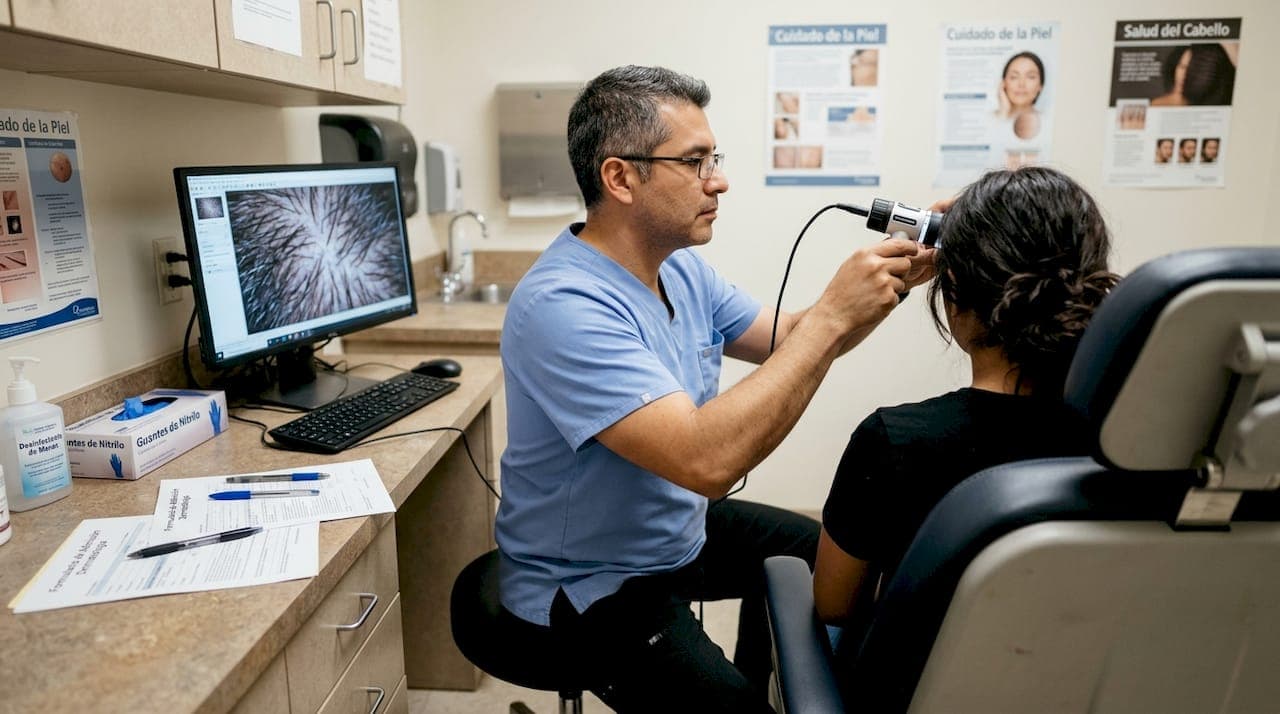 Dermatólogo realizando un examen capilar con un tricoscopio digital en la consulta