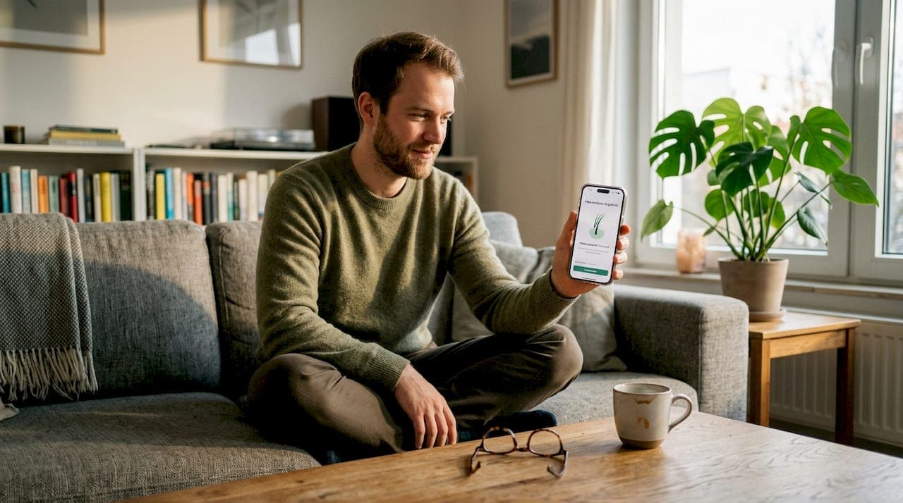 Ein Mann betrachtet zu Hause die Ergebnisse seiner Haaranalyse.