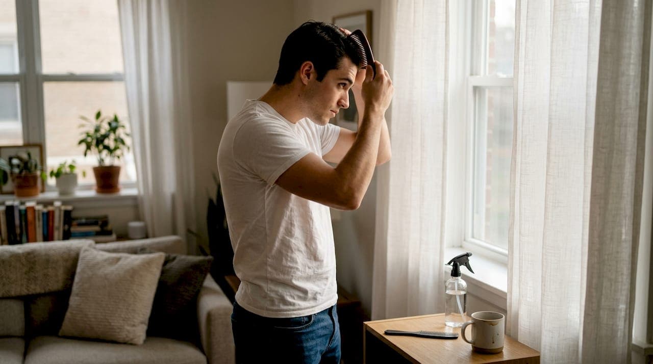 Antes de tomarse la foto para comparar, el hombre se arregla el cabello.