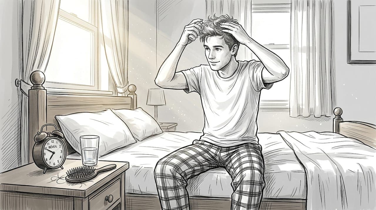 Un homme se prépare le matin dans sa chambre, prenant soin de coiffer ses cheveux avec un produit capillaire.