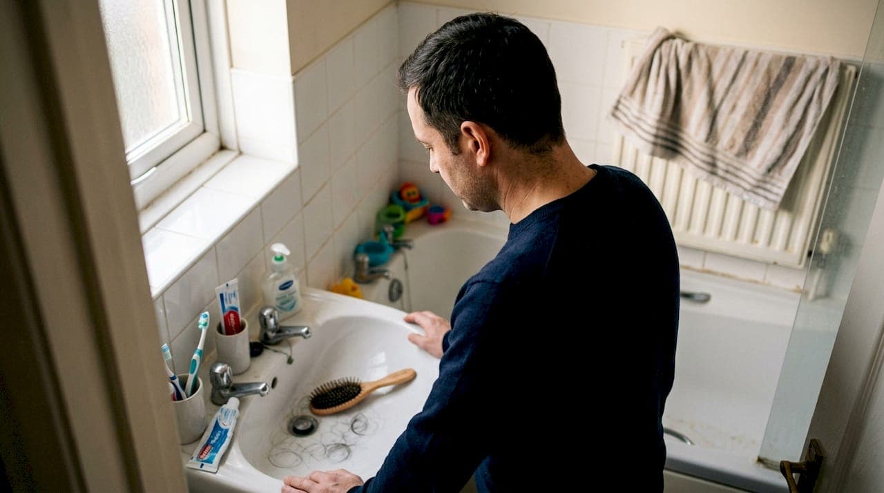 Ein Mann beugt sich über das Waschbecken und betrachtet nachdenklich die Haare, die darin liegen.