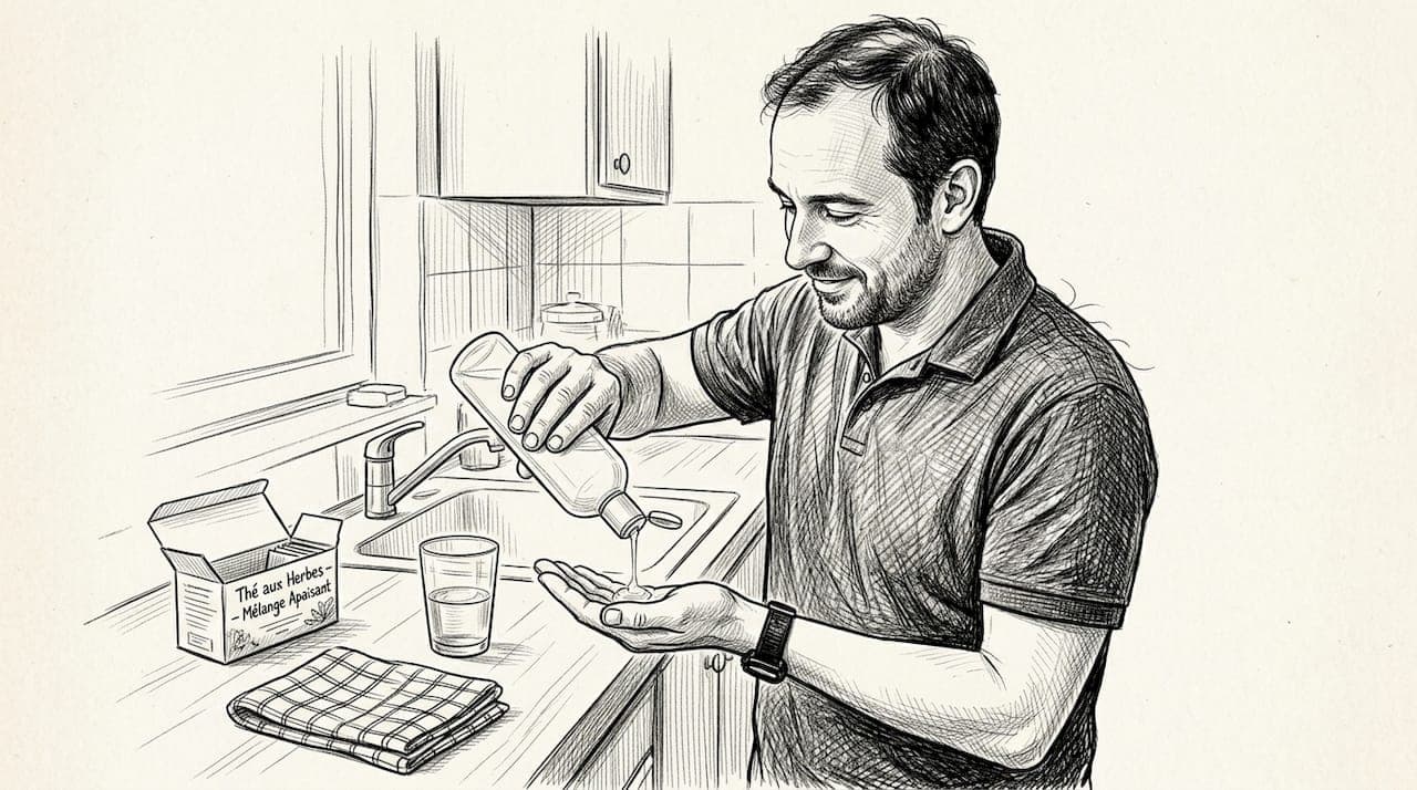 Un homme verse du shampooing dans la cuisine familiale