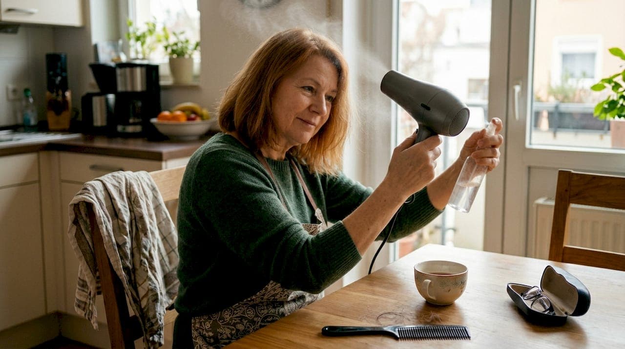 Bevor sie ihre Haare föhnt, trägt sie ein Hitzeschutzspray auf.