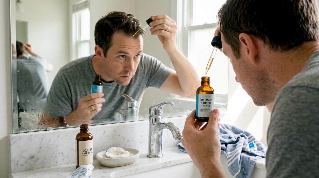 Hand applying rosemary oil to hairline