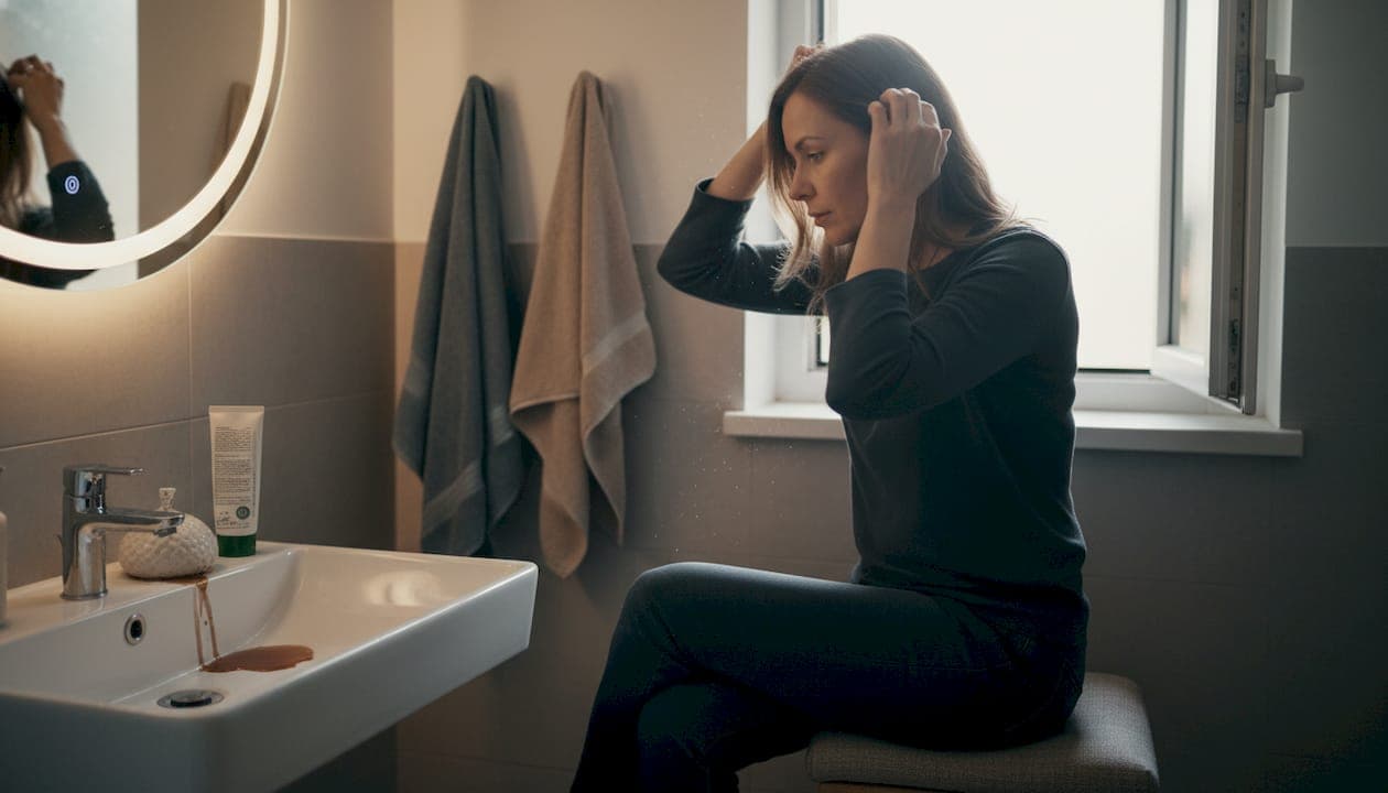 Eine Frau begutachtet im Spiegel ihren Haaransatz.