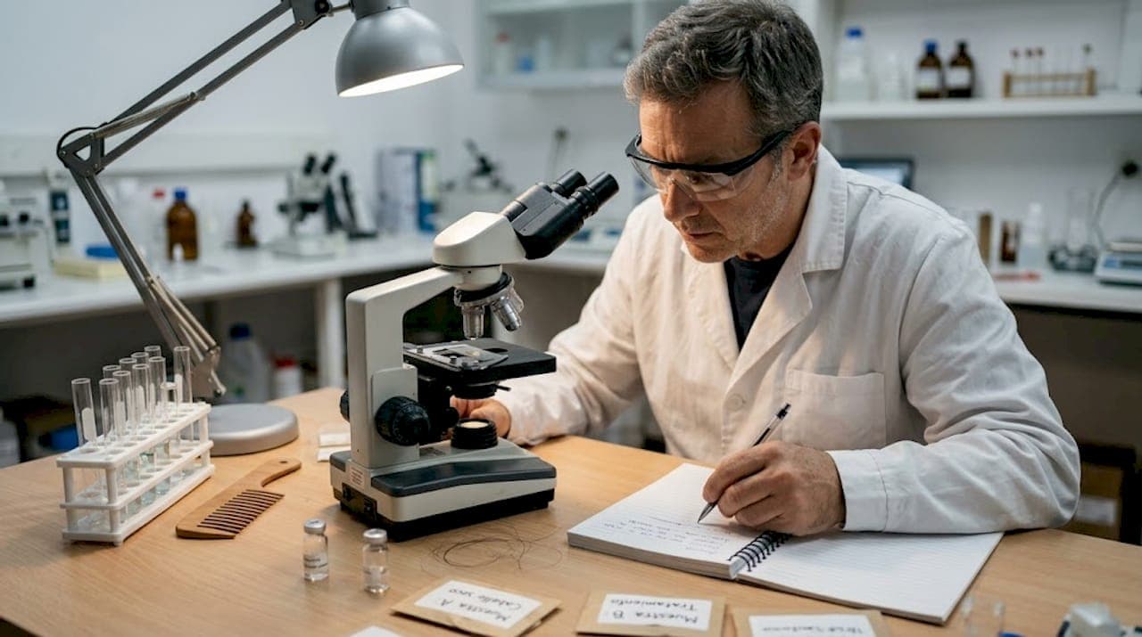 Un especialista analiza la cutícula del cabello bajo el microscopio en el laboratorio.