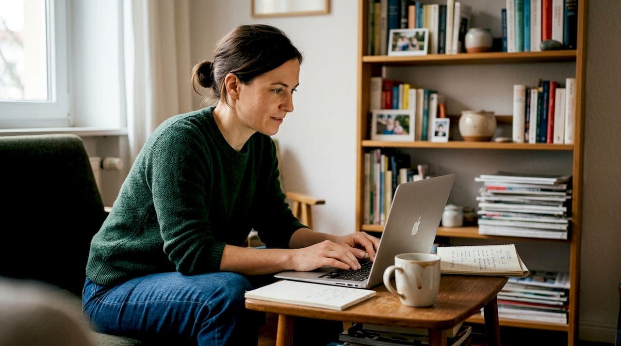 Eine Frau sitzt am Couchtisch im Wohnzimmer und tippt auf ihrem Laptop.