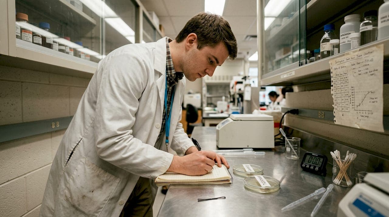 Lab technician examines rosemary and minoxidil hair tests