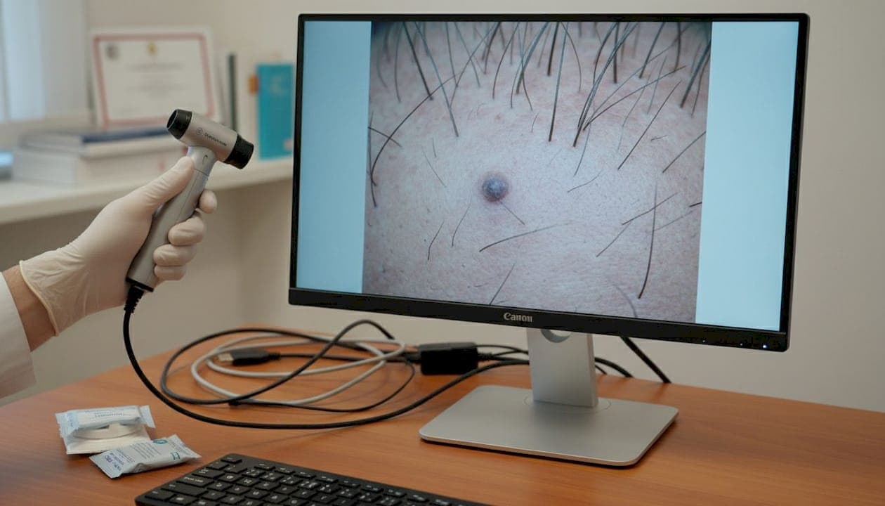 Dermatoscopio conectado al ordenador mostrando un escaneo del cuero cabelludo