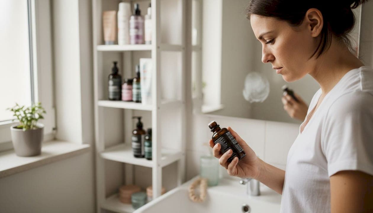Eine Frau schaut sich im Badezimmerregal ein Produkt genauer an und liest aufmerksam das Etikett.