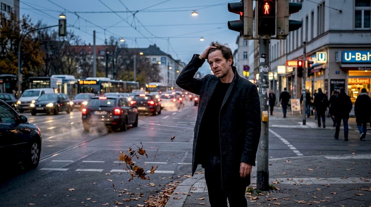 Ein Mann fährt durch den Straßenverkehr und streicht sich dabei durchs Haar.