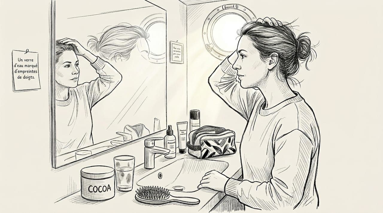 Une femme se prépare devant le miroir de la salle de bain en appliquant son complément alimentaire.