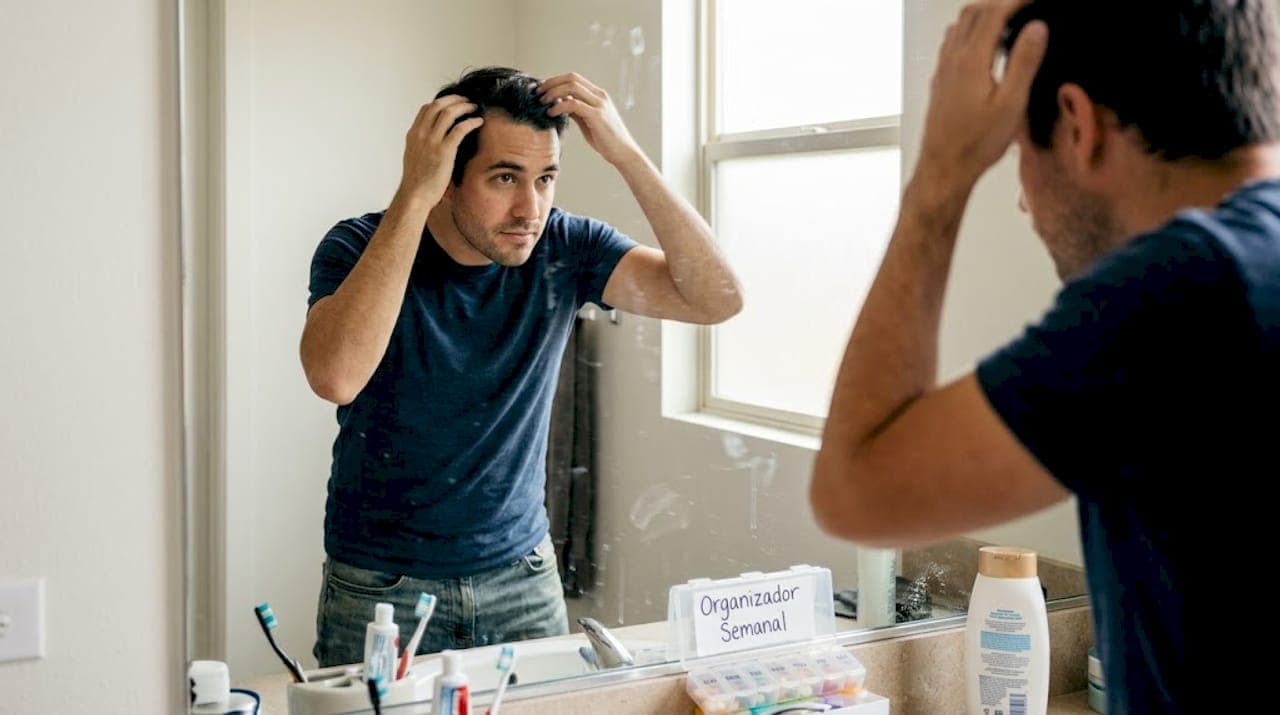 Hombre revisando cómo luce su cabello después de seguir su rutina de vitaminas