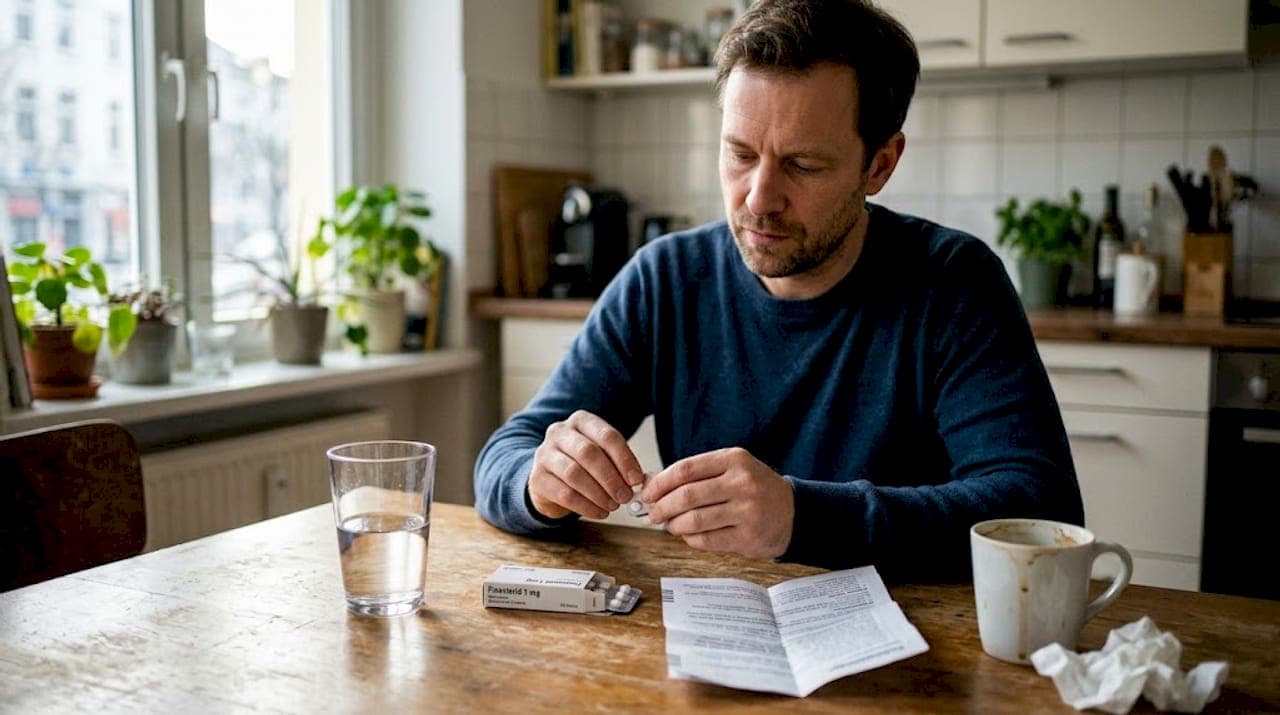 Zu Hause nimmt man Finasterid-Tabletten ganz entspannt am Küchentisch ein.