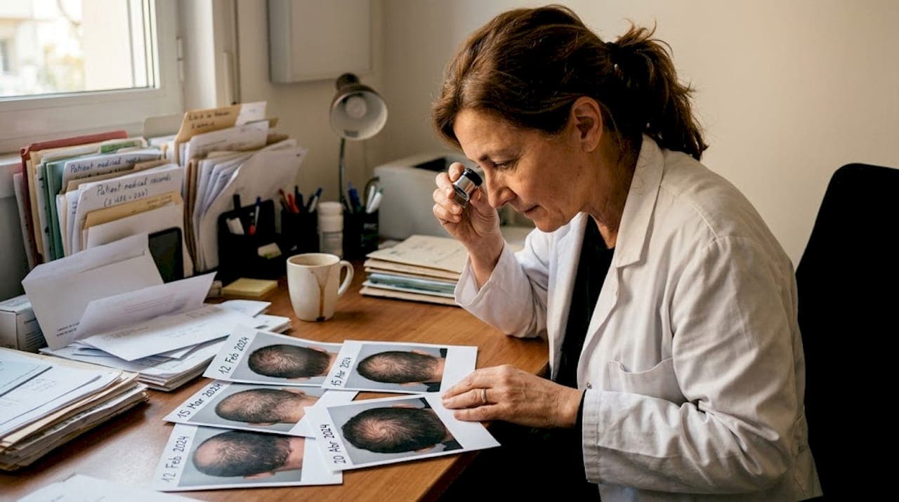 Una dermatóloga analiza las fotos del antes y después tras el uso de minoxidil.